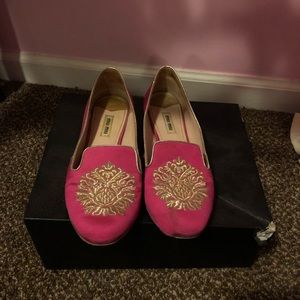 miu miu pink gold crystal satin loafers